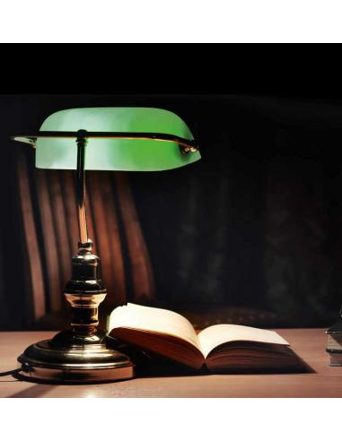 Table lamp polished brass with green glass